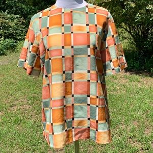 Vintage Kathy Che Orange Green Checkered Grid Top Size Medium? Blouse